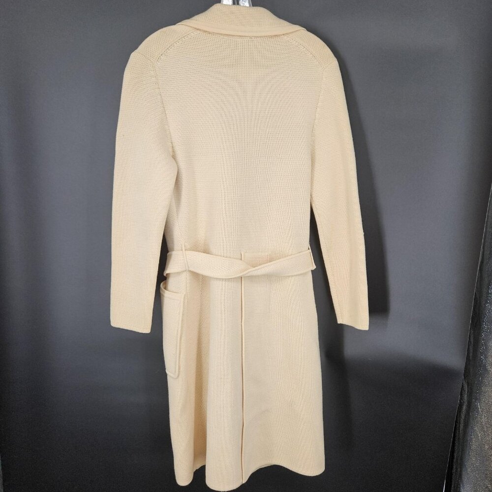 Vint Italian Virgin Wool Coat Jacket Sweater Women 10 Cream Knit Belt Italy 80s - Picture 2 of 13